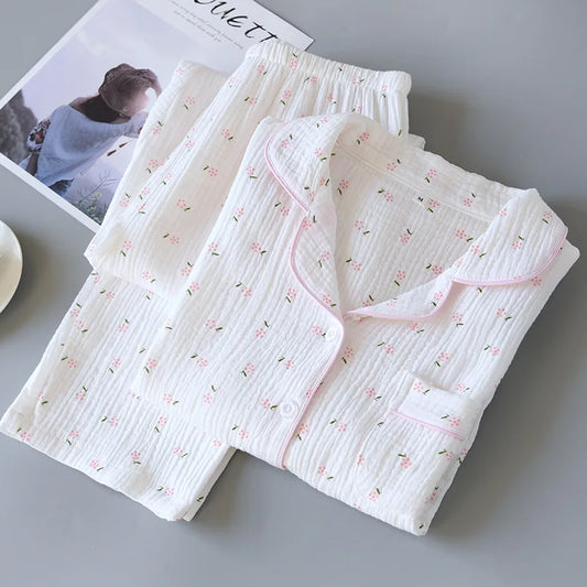 Women's 2-Piece Gauze Cotton Pajama Set – Printed Long Sleeve Button-Up Sleepwear for Spring and Fall