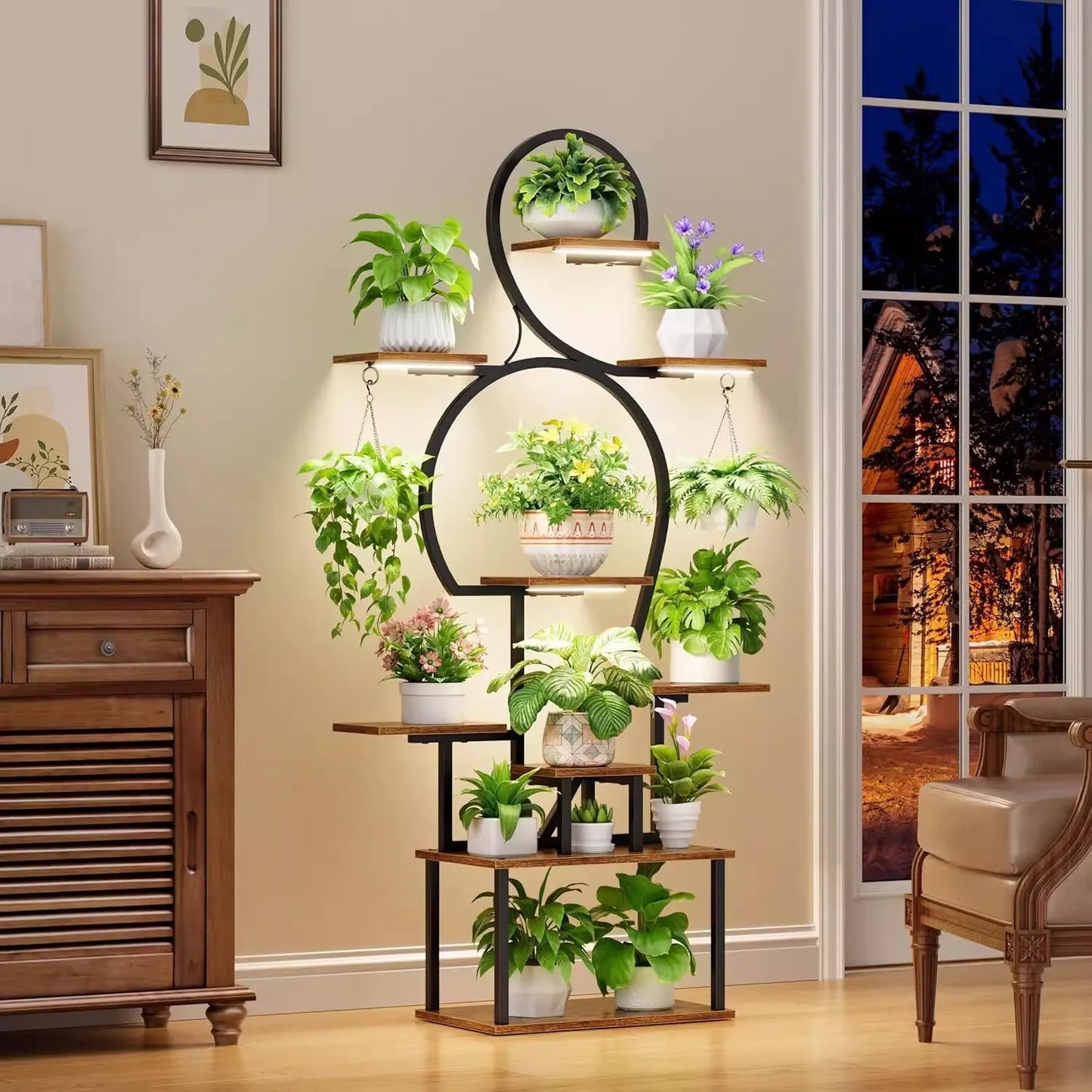 9-Tier Heavy-Duty Indoor Plant Stand with Grow Light – 63-Inch Freestanding Metal and MDF Rack for Living Room, Patio, or Garden
