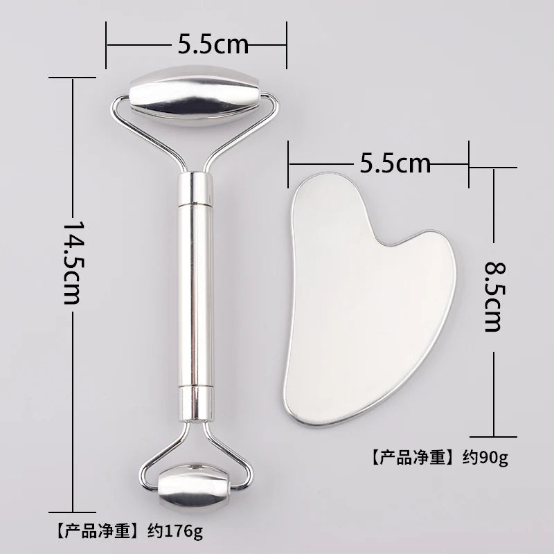 Stainless Steel Facial Roller & Gua Sha Set – Skin Detox, Anti-Wrinkle Massager for Face and Neck Beauty Care