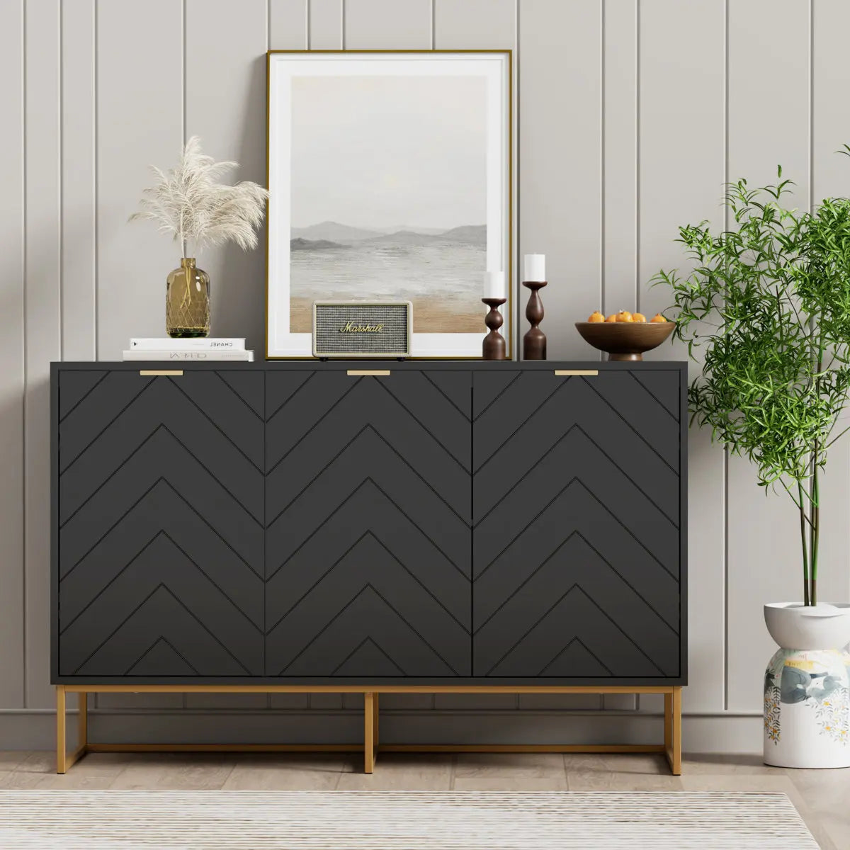 Black Modern 3-Door Storage Buffet Cabinet – Sideboard with Adjustable Shelf for Living Room, Bedroom, or Entryway