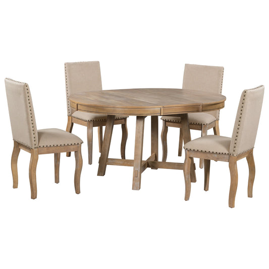 5-Piece Extendable Farmhouse Style Dining Table Set – Round Wooden Table with 4 Upholstered Chairs for Kitchen and Dining Room