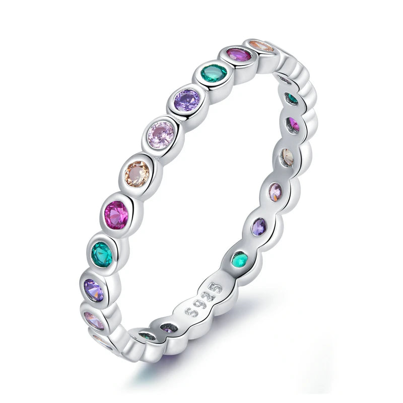 925 Sterling Silver Rainbow Zircon Ring – Dazzling Multicolor CZ Band for Women