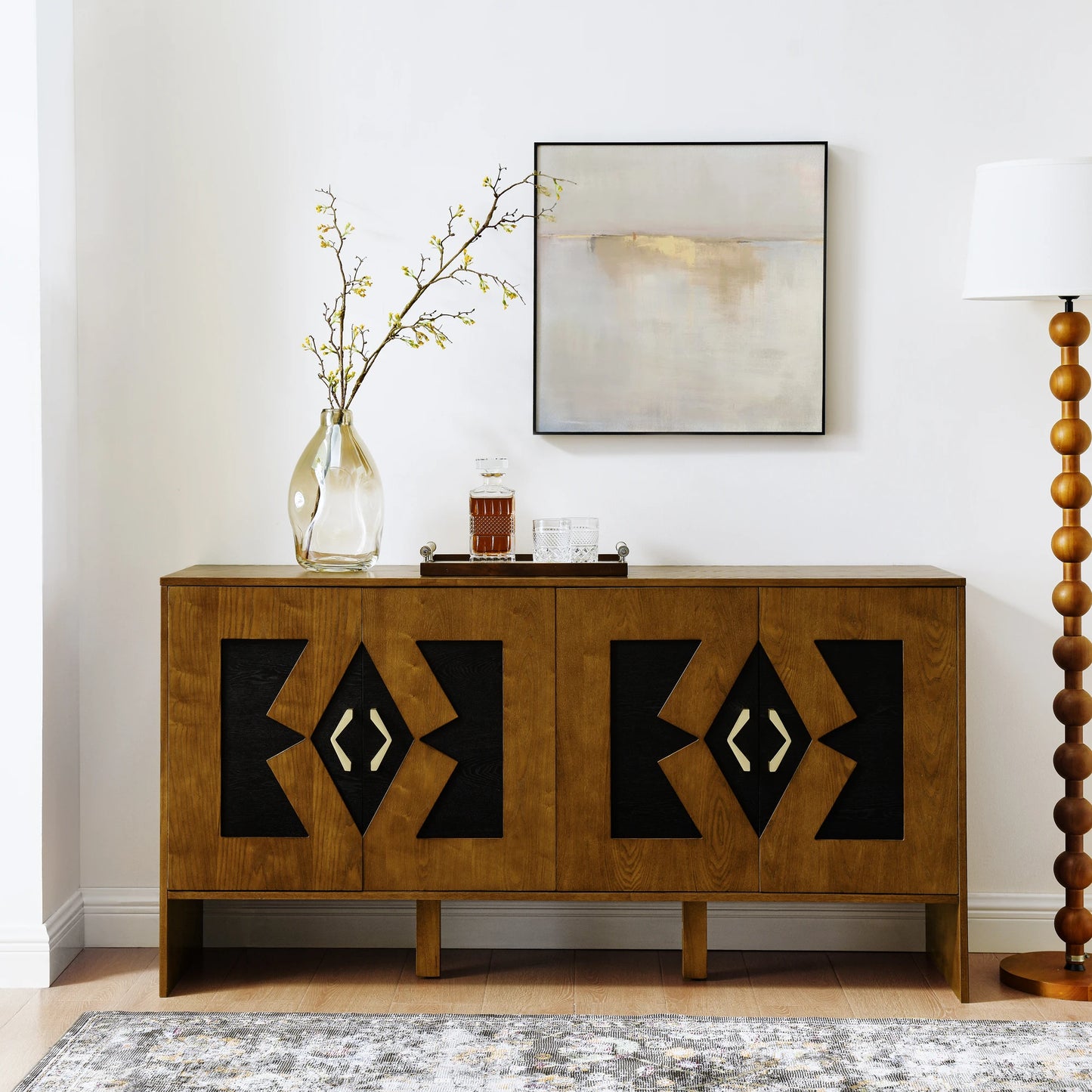 60" Mid-Century Modern Sideboard Buffet Cabinet with Adjustable Shelves and Geometric Pattern – Brown Wooden Storage for Kitchen, Living Room, or Entryway