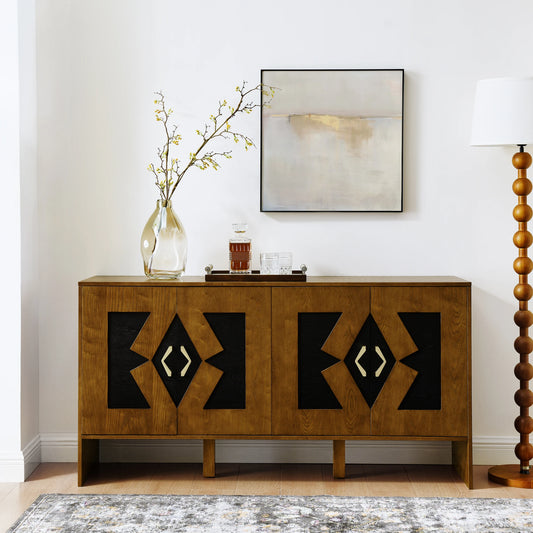 60" Mid-Century Modern Sideboard Buffet Cabinet with Adjustable Shelves and Geometric Pattern – Brown Wooden Storage for Kitchen, Living Room, or Entryway