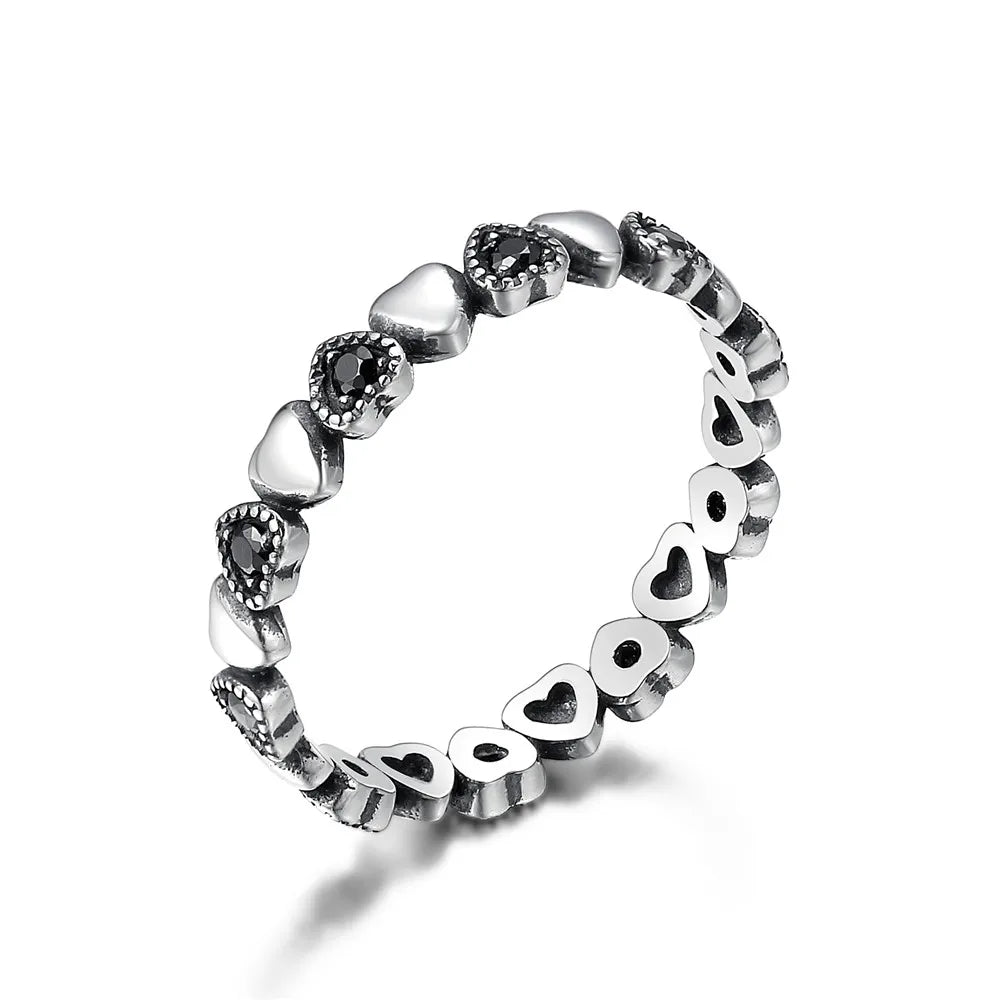 Stackable Heart Ring in 925 Sterling Silver with Black CZ – Romantic Wedding Band for Women