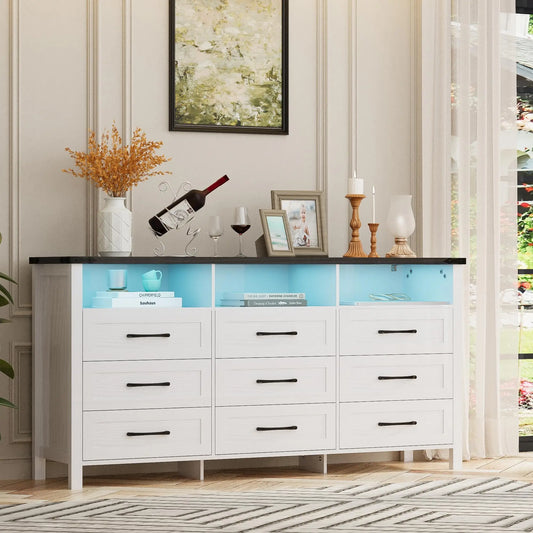 White 63" Modern 12-Drawer Long Chest Dresser with LED Lights – Large Storage Cabinet for Bedroom or Living Room