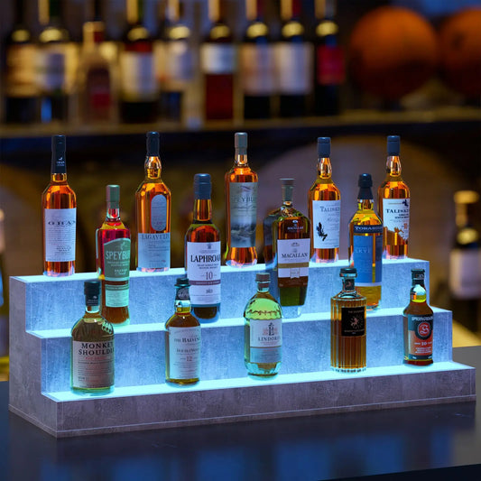 37-Inch LED Lighted Grey Wood Bar Display Shelves – Liquor Bottle Storage Cabinet with Remote Control