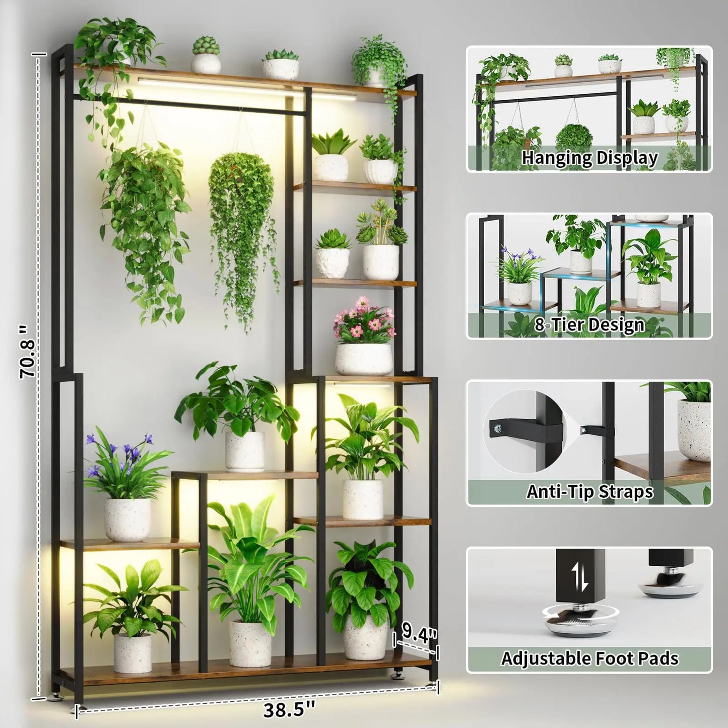 71-Inch 8-Tier Indoor Plant Stand with Grow Light – Heavy-Duty Metal and MDF Display Rack for Living Room, Patio, or Garden