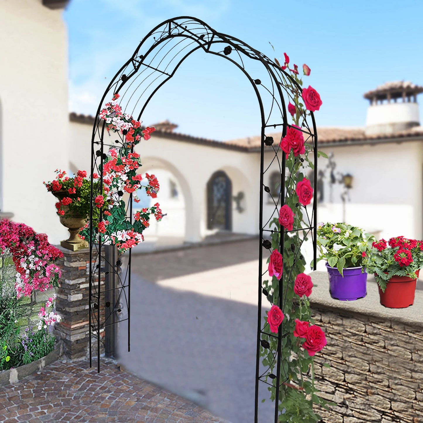 Black Metal Garden Arch for Climbing Plants – Powder-Coated Iron Rose Trellis for Backyard and Outdoor Landscaping