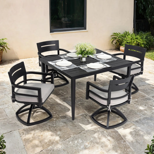 5-Piece Outdoor Aluminum Dining Set – 40" Square Table with Umbrella Hole & 4 Swivel Rocker Armchairs