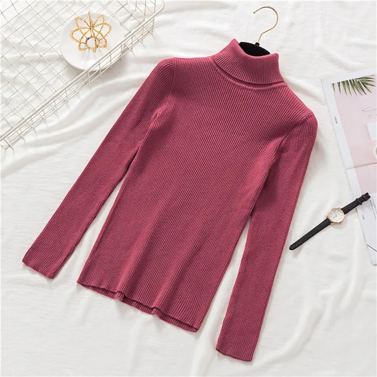 Women's Winter Knitted Turtleneck Sweater – Slim Fit Cotton Polo-Neck Pullover for Casual Cold Weather Outfits