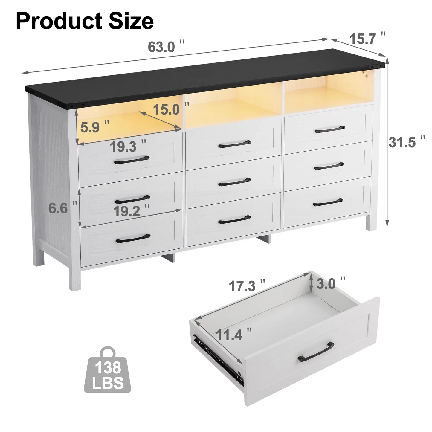 White 63" Modern 12-Drawer Long Chest Dresser with LED Lights – Large Storage Cabinet for Bedroom or Living Room