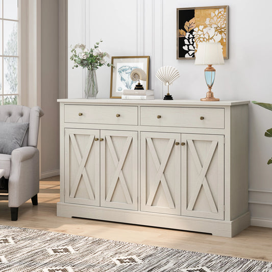 Vintage White Sideboard Cabinet with 2 Drawers and 4 Shutter Doors – Living Room, Bedroom & Kitchen Storage Solution