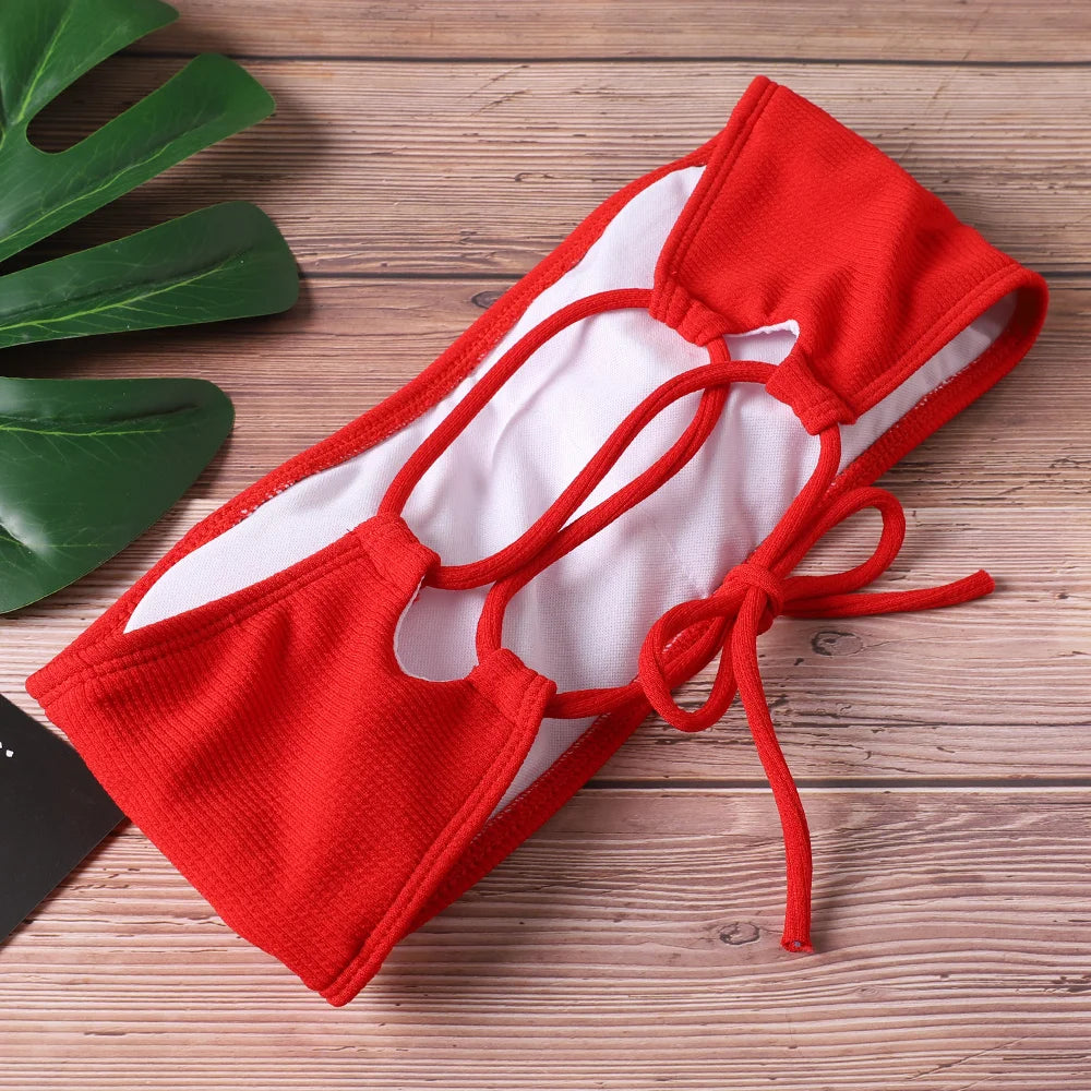 Strapless High-Waist Bikini Set for Women – Solid Color, Padded, Wire-Free Two-Piece Swimsuit
