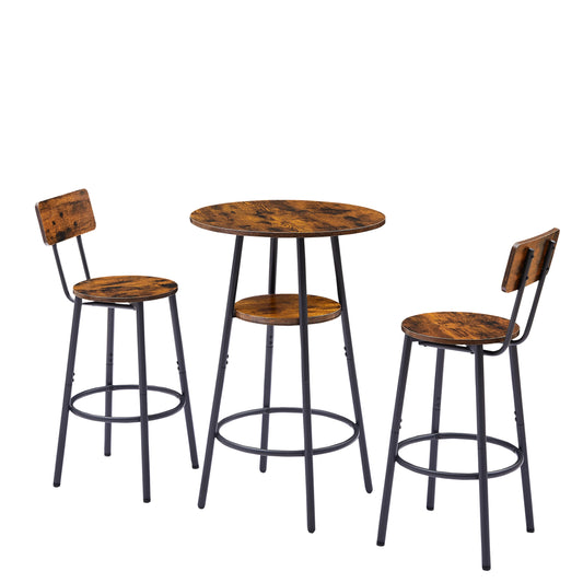 3-Piece Rustic Round Wood Bar Stool Set with Storage Shelves