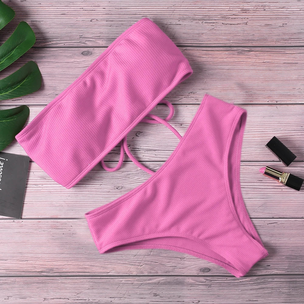 Strapless High-Waist Bikini Set for Women – Solid Color, Padded, Wire-Free Two-Piece Swimsuit