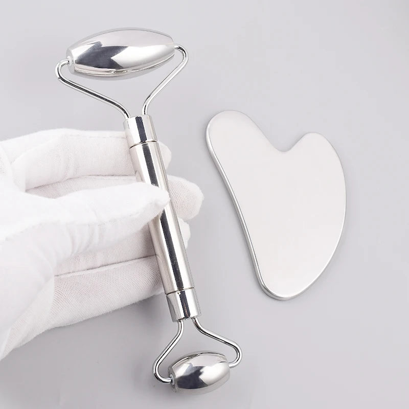 Stainless Steel Facial Roller & Gua Sha Set – Skin Detox, Anti-Wrinkle Massager for Face and Neck Beauty Care