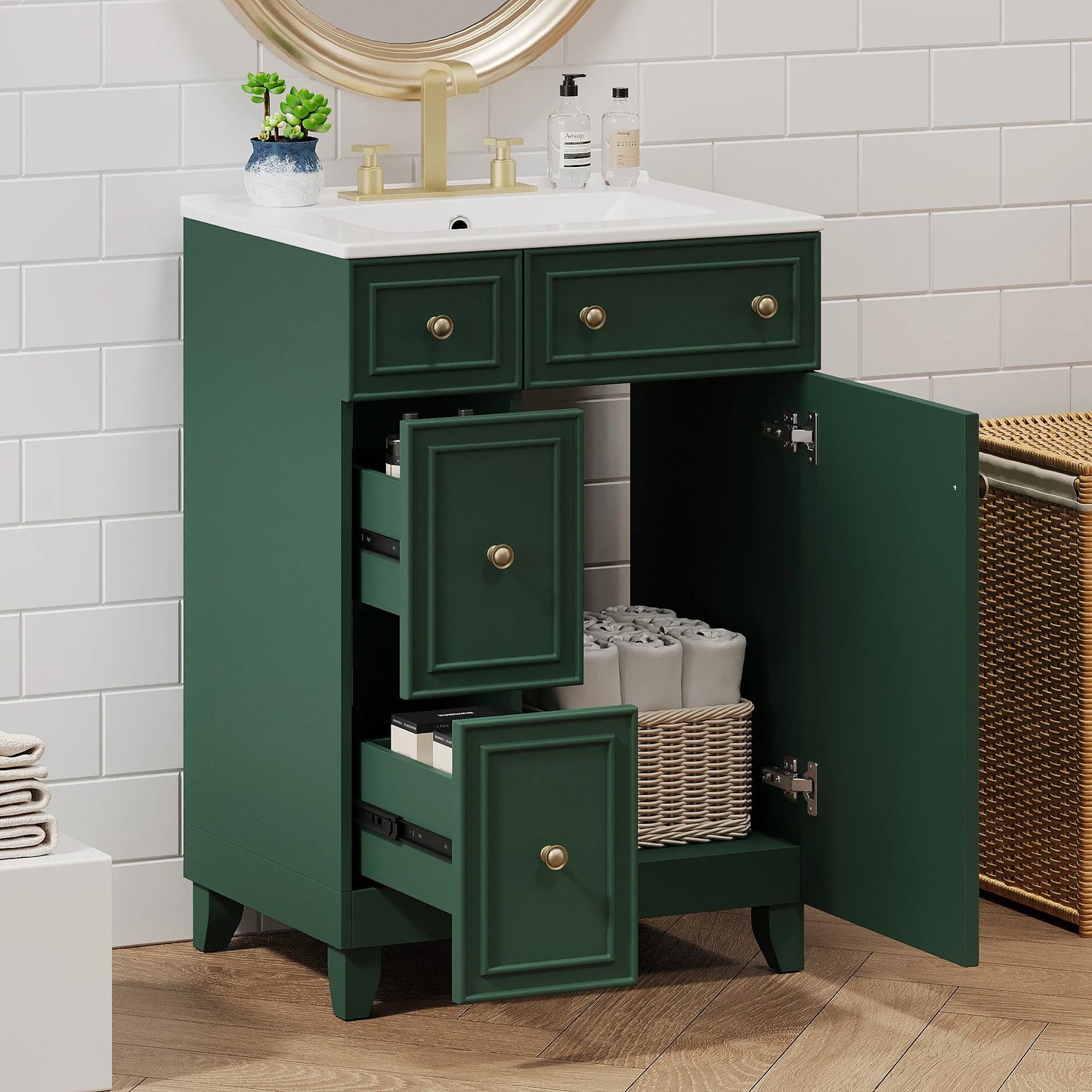 24-Inch Modern Forest Green Bathroom Vanity Cabinet with Ceramic Sink – 2 Drawers, 1 Soft-Close Door, Space-Saving Storage for Apartments