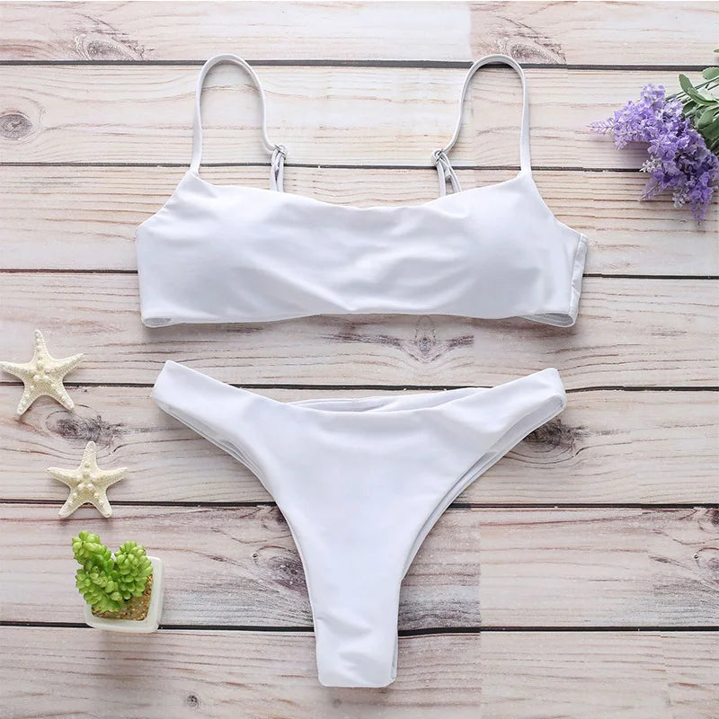 Solid Color Sexy Bikini Set – Women's Two-Piece Low Waist Swimsuit with Padded Top, Summer Swimwear XL Sizes