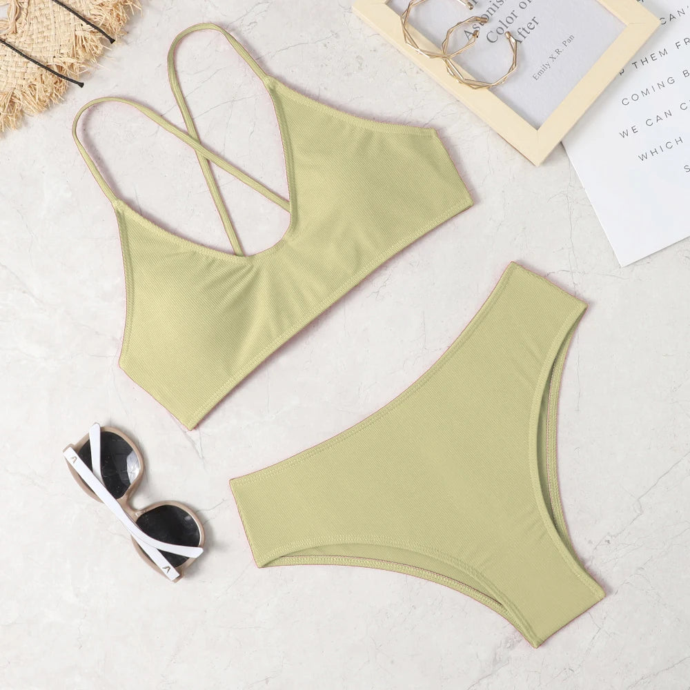 Soft Ice Silk Low Waist Bikini Set – Sexy Split Beachwear with Wire-Free Support and Padding