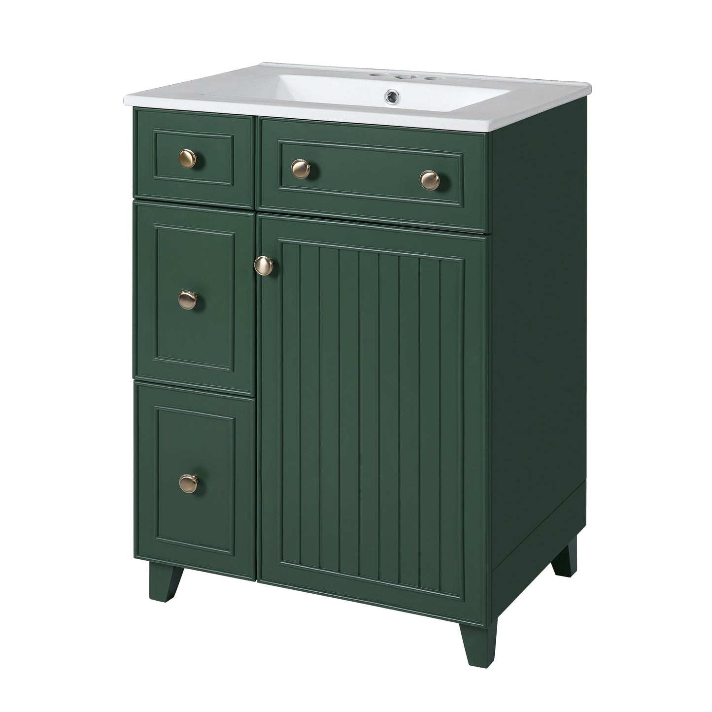 24-Inch Modern Forest Green Bathroom Vanity Cabinet with Ceramic Sink – 2 Drawers, 1 Soft-Close Door, Space-Saving Storage for Apartments