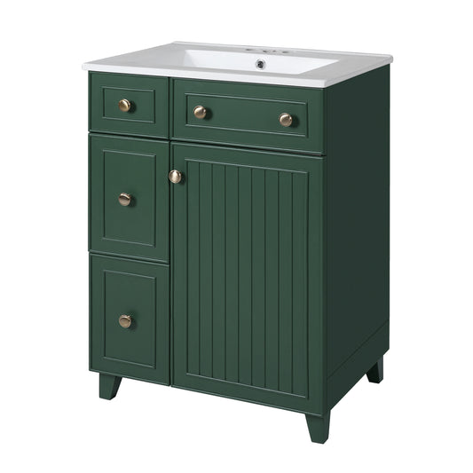 24-Inch Modern Forest Green Bathroom Vanity Cabinet with Ceramic Sink – 2 Drawers, 1 Soft-Close Door, Space-Saving Storage for Apartments