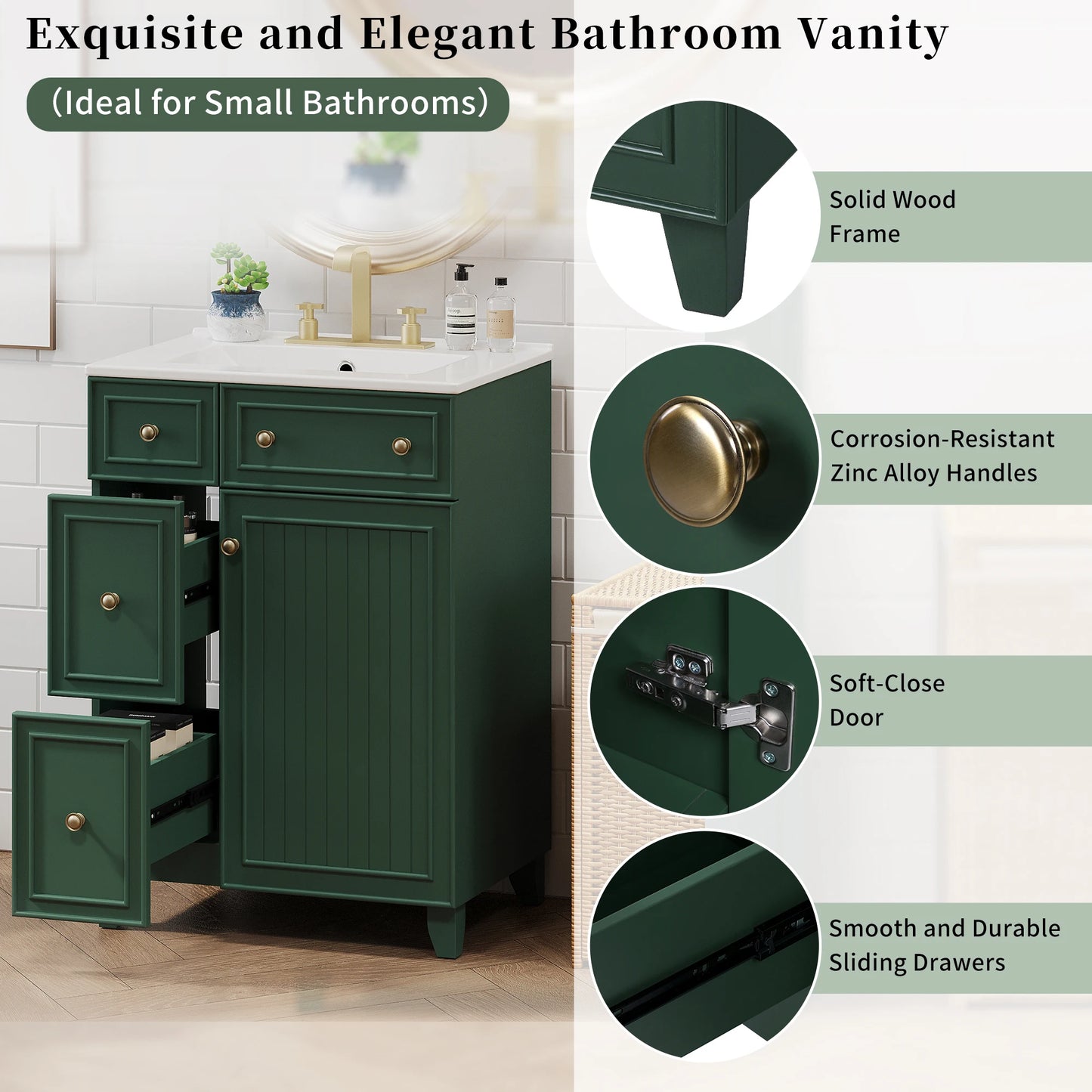 24-Inch Modern Forest Green Bathroom Vanity Cabinet with Ceramic Sink – 2 Drawers, 1 Soft-Close Door, Space-Saving Storage for Apartments