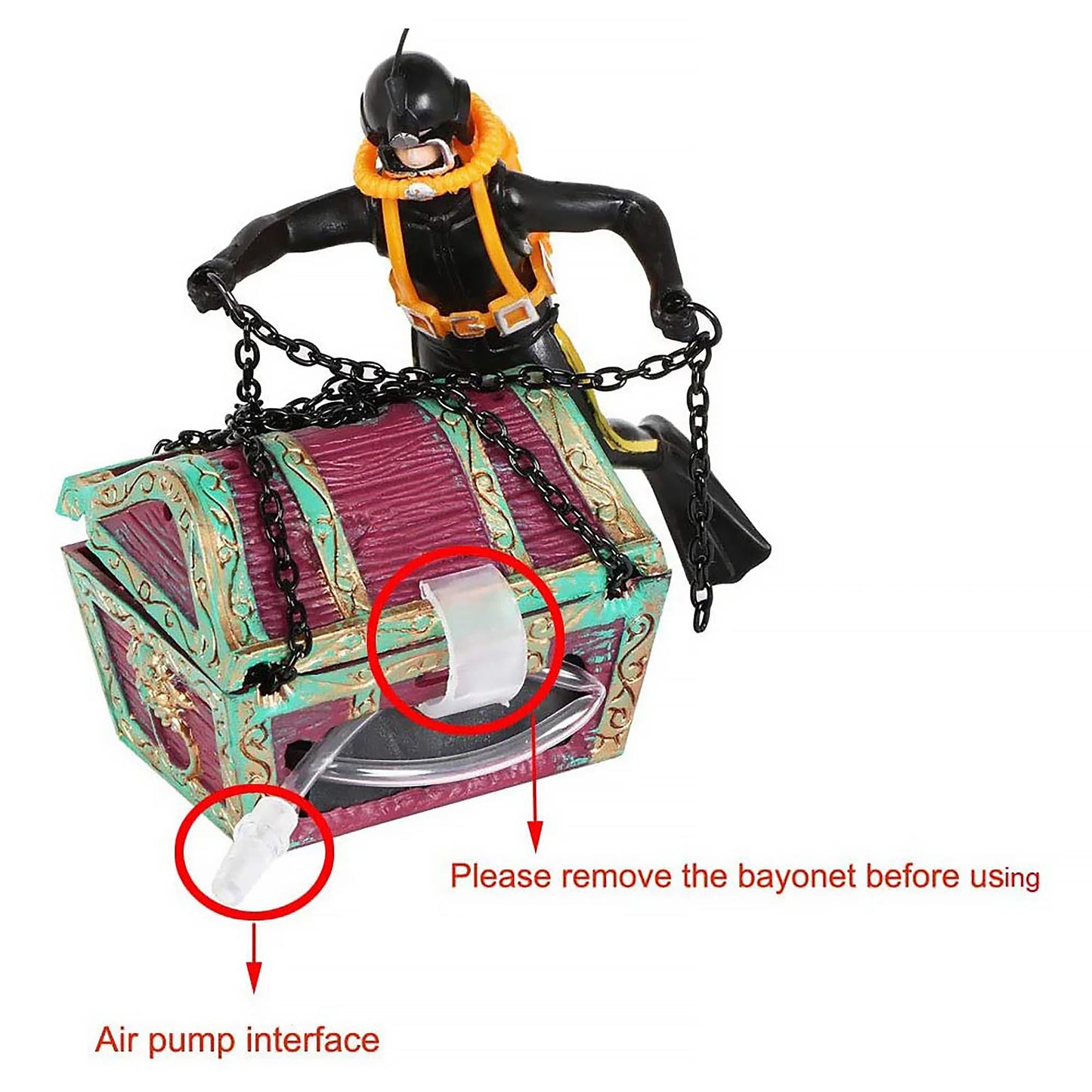 Treasure Chest Diver Aquarium Ornament – Air Bubbler Action Figure Decoration for Underwater Landscape Movement (135g)