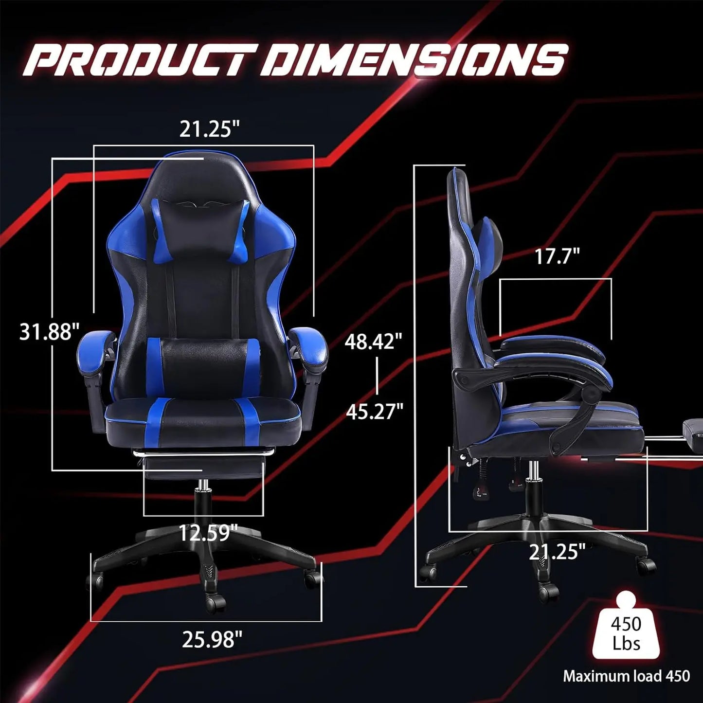 Adjustable Blue PU Leather Gaming Chair – Manual Recliner with Footrest and Lumbar Support