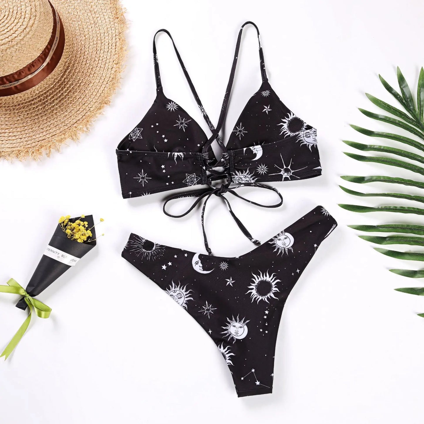 Sunflower Print Bikini Set – Sexy Push-Up Bandage Swimsuit for Women, Padded Low-Waist Biquini