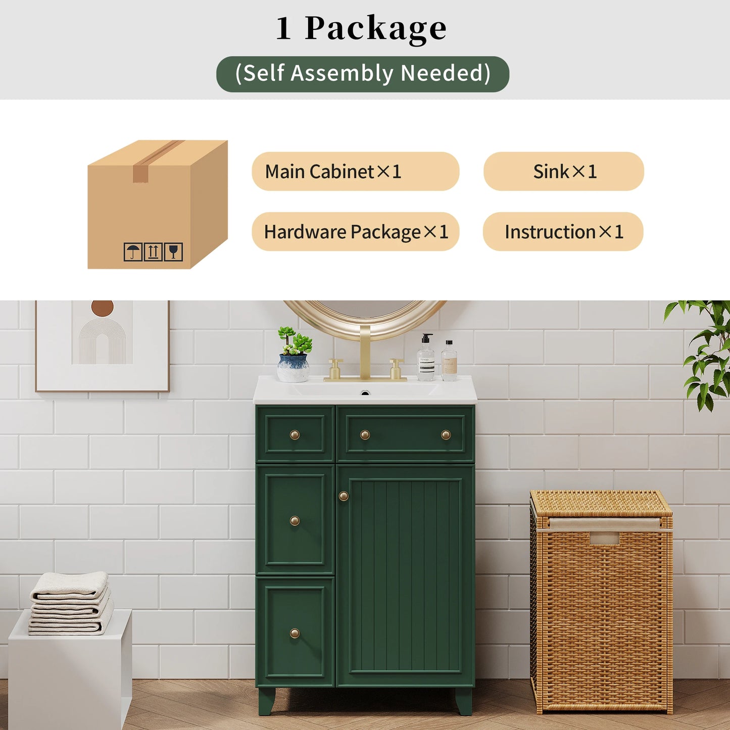 24-Inch Modern Forest Green Bathroom Vanity Cabinet with Ceramic Sink – 2 Drawers, 1 Soft-Close Door, Space-Saving Storage for Apartments