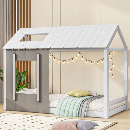 Twin Size Solid Wood Platform Bed with Roof and Window – White & Antique Grey Modern House Design for Kids' Bedroom