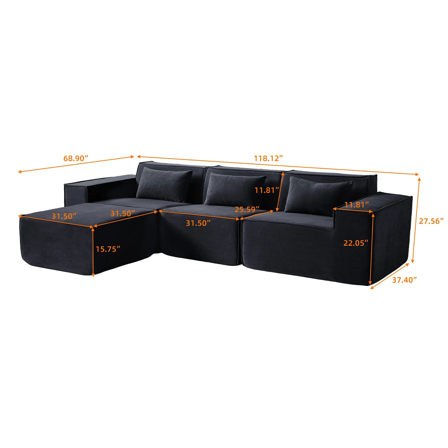 Black Modular Cloud Velvet Sectional Sofa – Vacuum Compressed Modern Living Room Couch Set