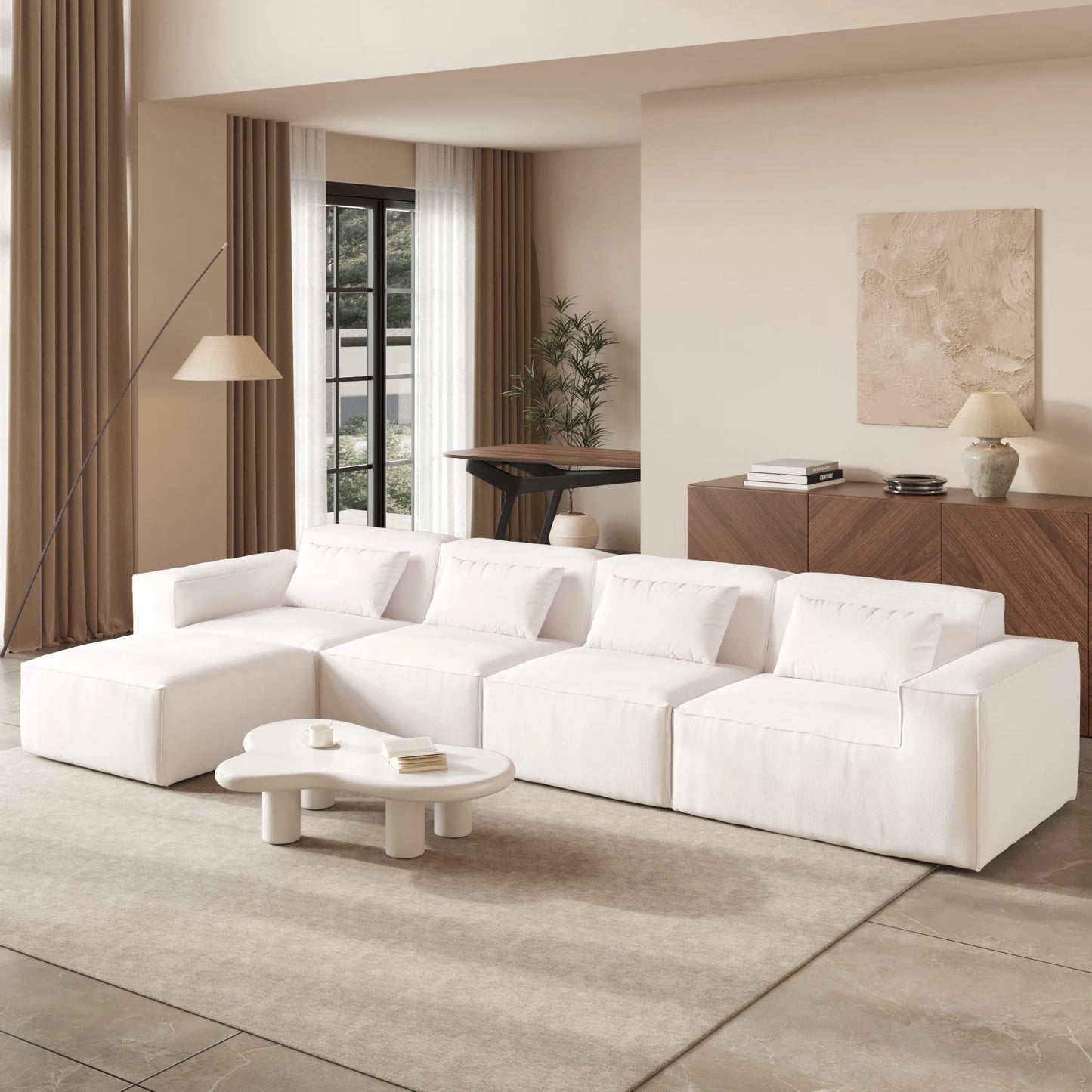 Beige Modular L-Shaped Sectional Sofa – Compressed Cloud Velvet Living Room Couch Set