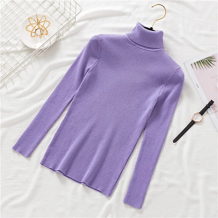 Women's Winter Knitted Turtleneck Sweater – Slim Fit Cotton Polo-Neck Pullover for Casual Cold Weather Outfits