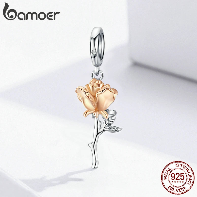 3D Rose Flower Charm Pendant – 925 Sterling Silver with Rose Gold Finish for Bracelets or Necklaces