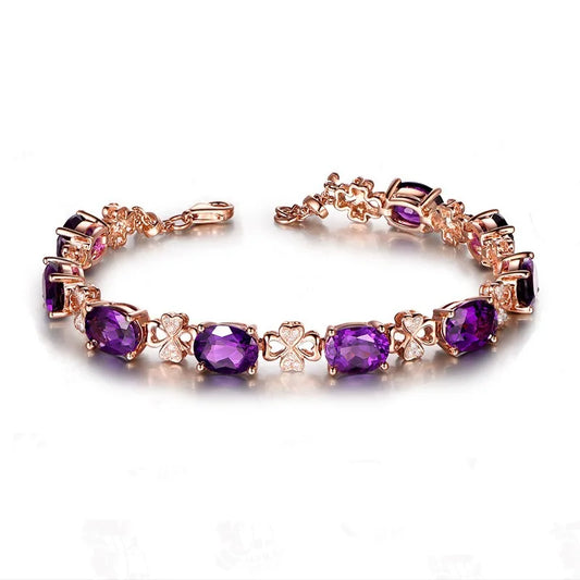 18K Rose Gold-Plated Natural Amethyst Bracelet for Women – Romantic Handmade Link Chain Jewelry with Diamond Accents, Ideal Valentine's Gift
