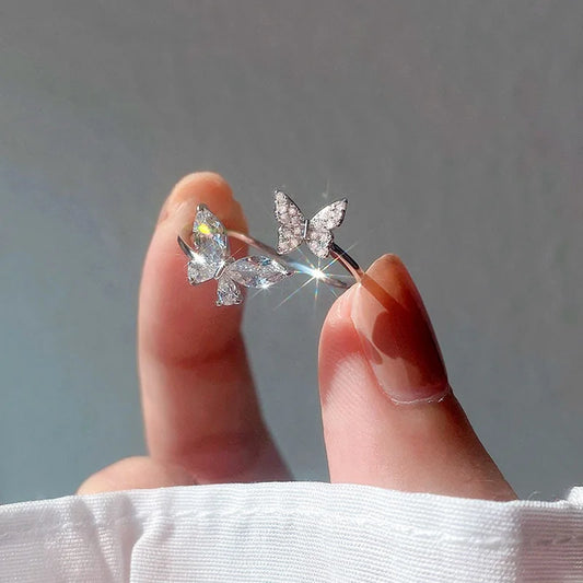 925 Sterling Silver Butterfly Open Ring with Zircon – Elegant Adjustable Cocktail Ring for Women
