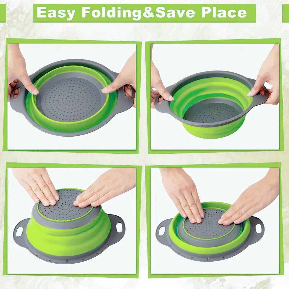 Collapsible Silicone Round Colander – Folding Vegetable & Fruit Washing Drain Basket