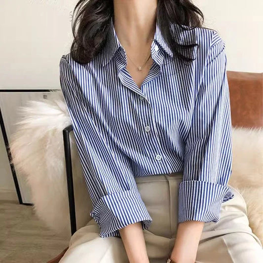 Classic Striped Lantern Sleeve Blouse – Stand Collar Loose Fit Shirt for Women