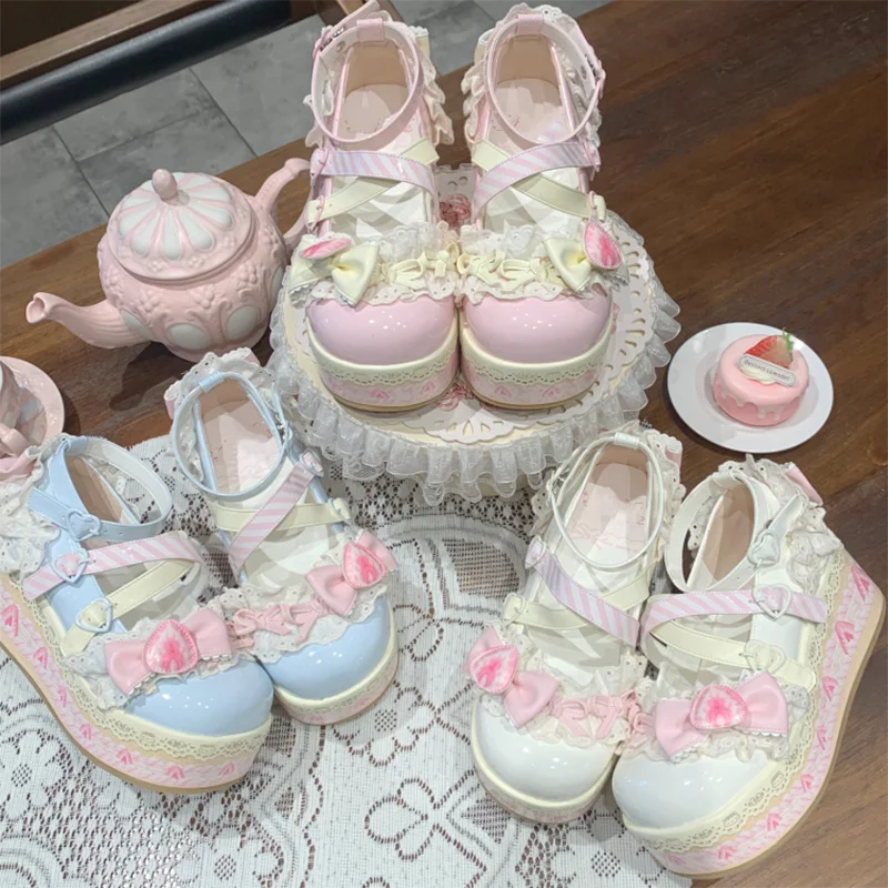 Sweet Lolita Platform Mary Jane Shoes – Strawberry Bow Lace Flats for Girls and Students