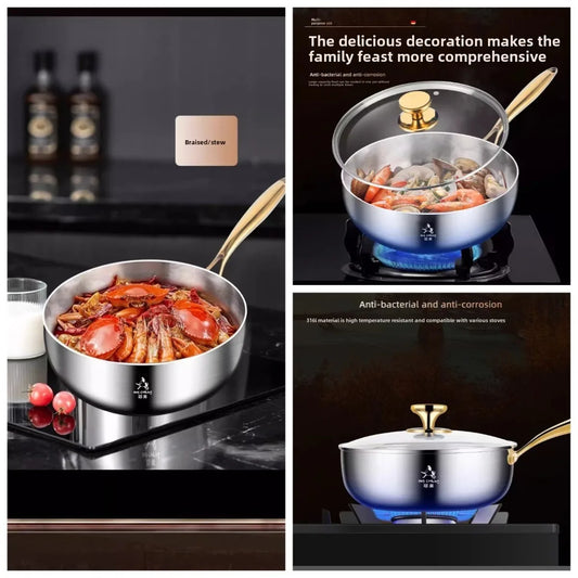 316 Stainless Steel Small Wok with Lid – Golden Handle Deepened Flat Bottom Soup Pot & Non-Stick Pan