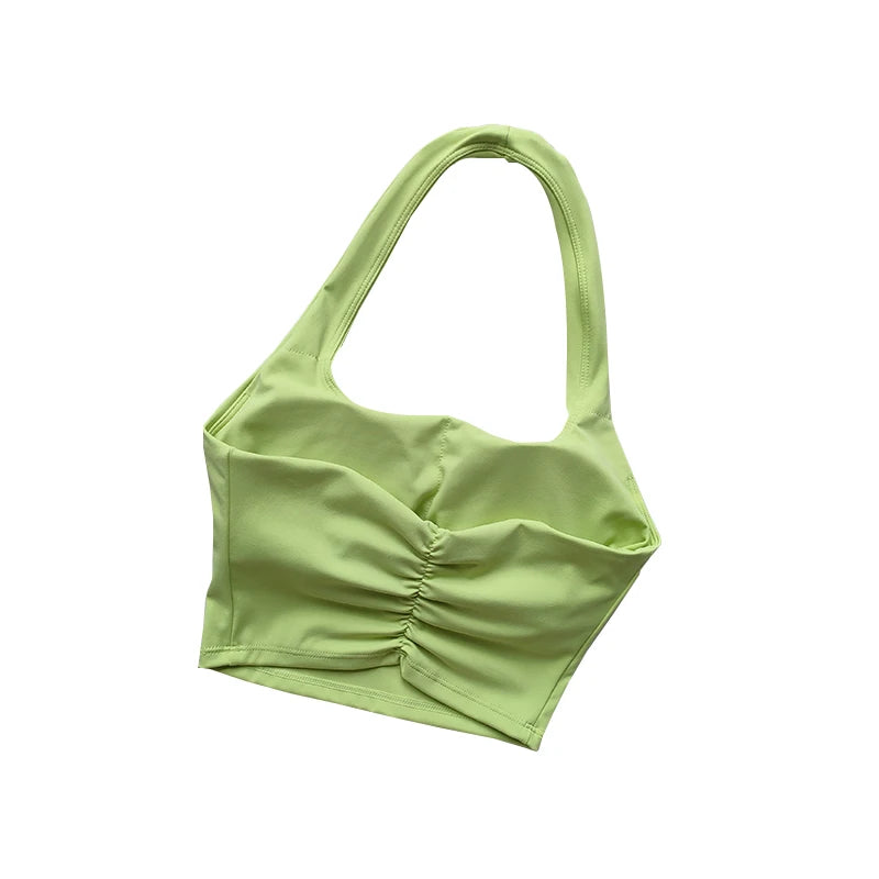 Women's Pleated Halter Sports Bra – Padded, Backless, Stylish Summer Activewear