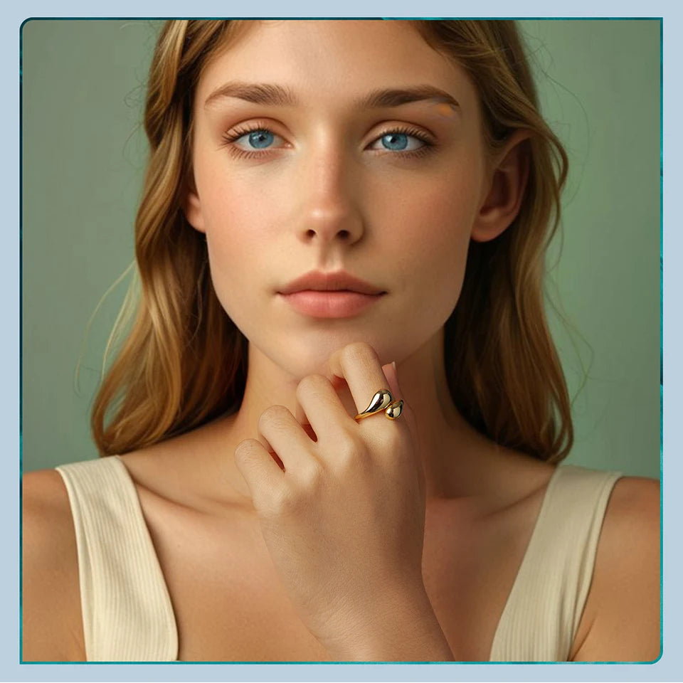 Chunky Gold Water Droplet Statement Ring – Adjustable 925 Sterling Silver Thumb Band for Women