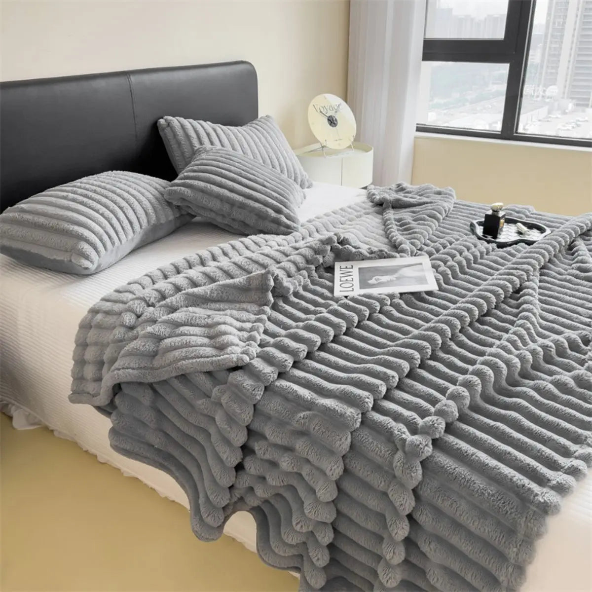 Solid Color Thickened Striped Blanket – Multifunctional Polyester Cover for Bed, Sofa, Naps, and Pets