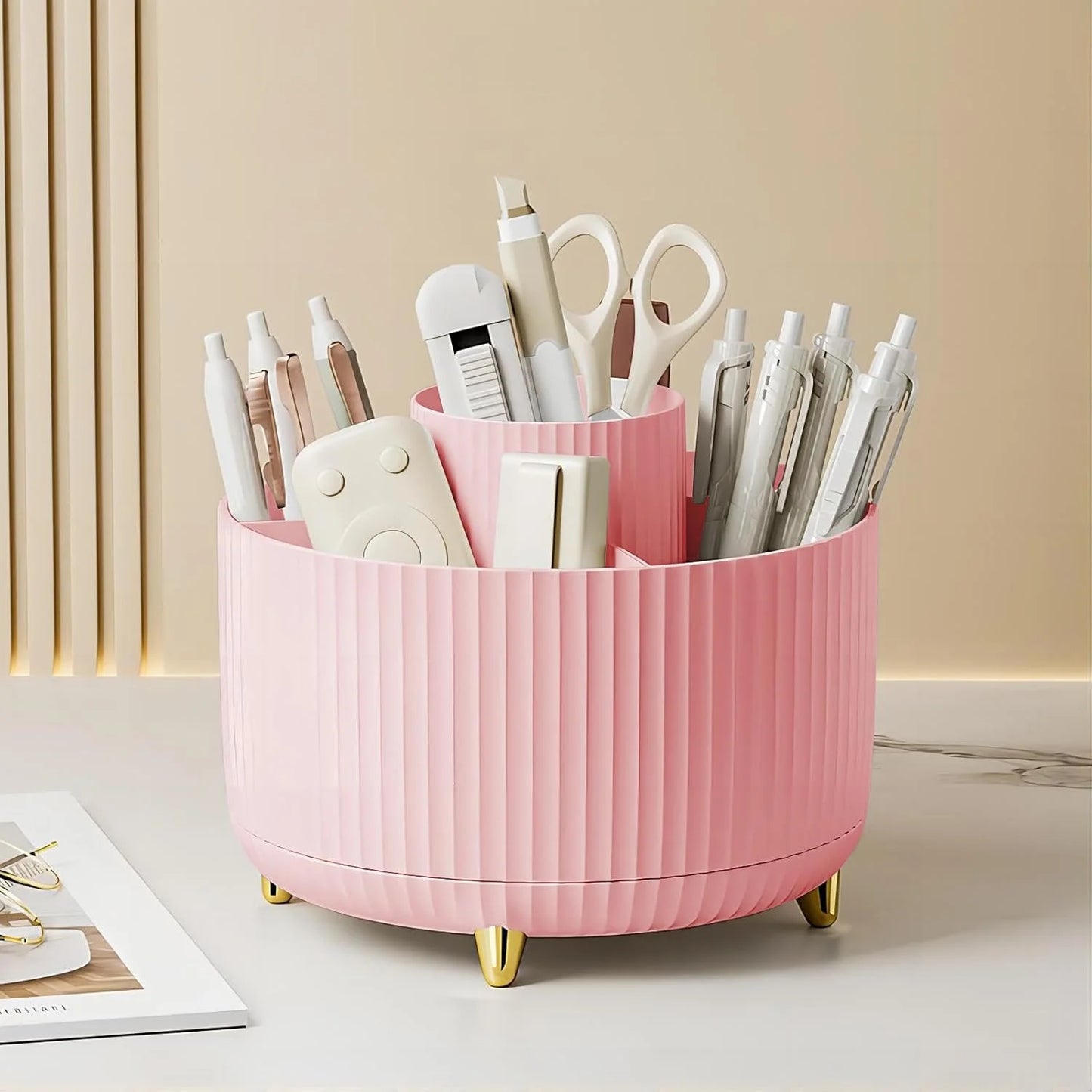 360° Rotating Makeup Organizer Box – Multi-Compartment Brush & Lipstick Holder with Vertical Stripe Design