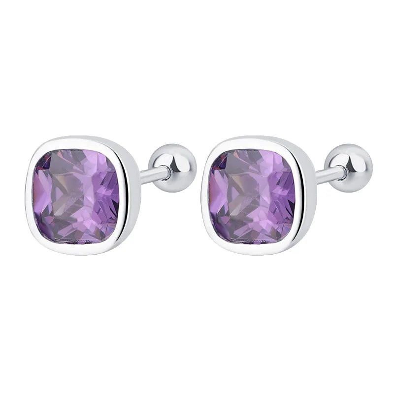925 Sterling Silver Square Purple Zircon Stud Earrings – Elegant Women’s Piercing Jewelry for Party or Formal Wear