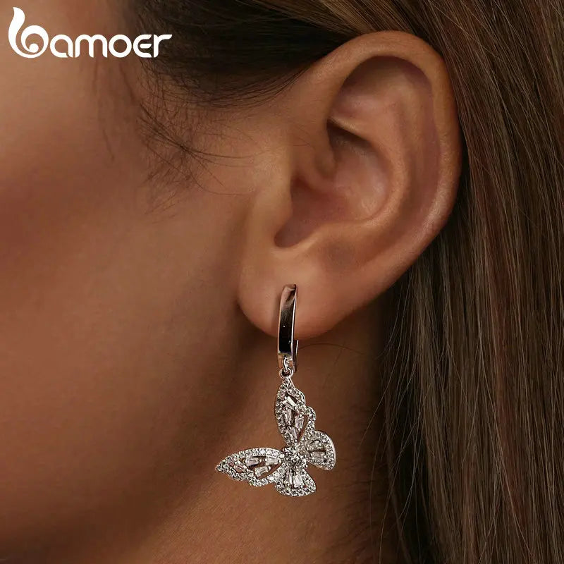 Sterling Silver CZ Butterfly Hoop Earrings – Elegant Dangle Charm Drop Earrings for Women and Girls