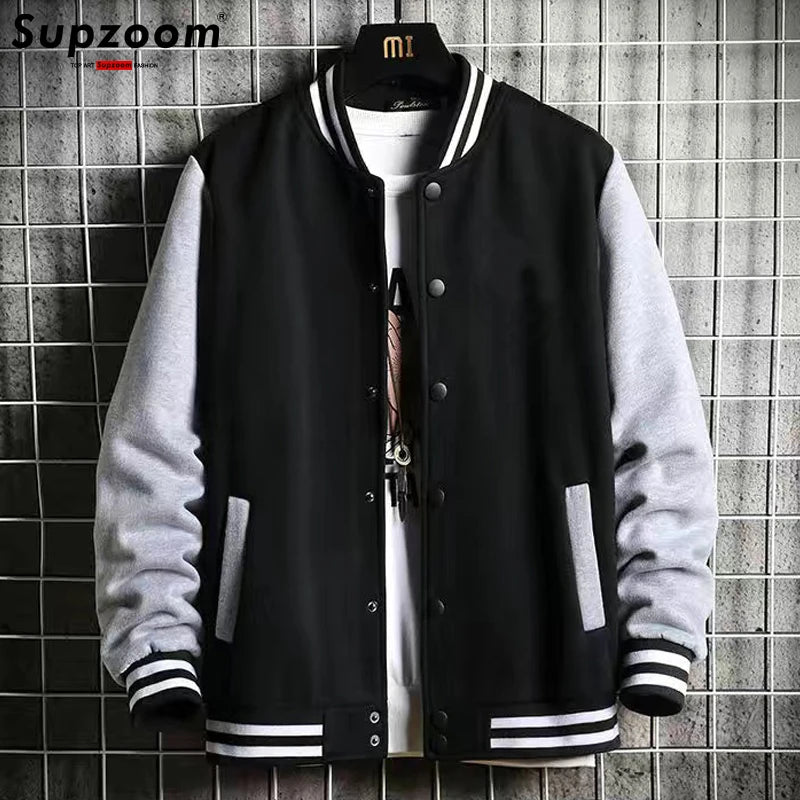 Supzoom Fleece Bomber Jacket for Men – Casual Baseball Uniform Style with Rib Sleeves and Cotton Lining