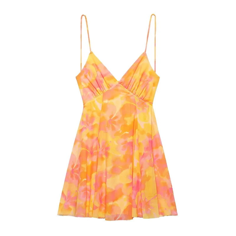 Women's Printed Silk Mesh Halter Dress – Sexy V-Neck Mini Vacation Dress